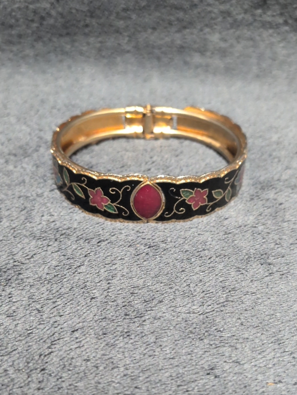 Gold-Tone Black & Pink Floral Enamel Bangle Bracelet